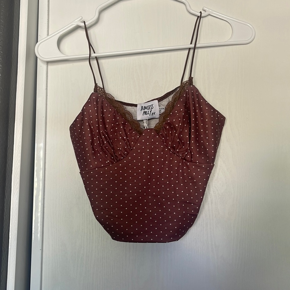 Princess Polly brown with white polka dots crop top